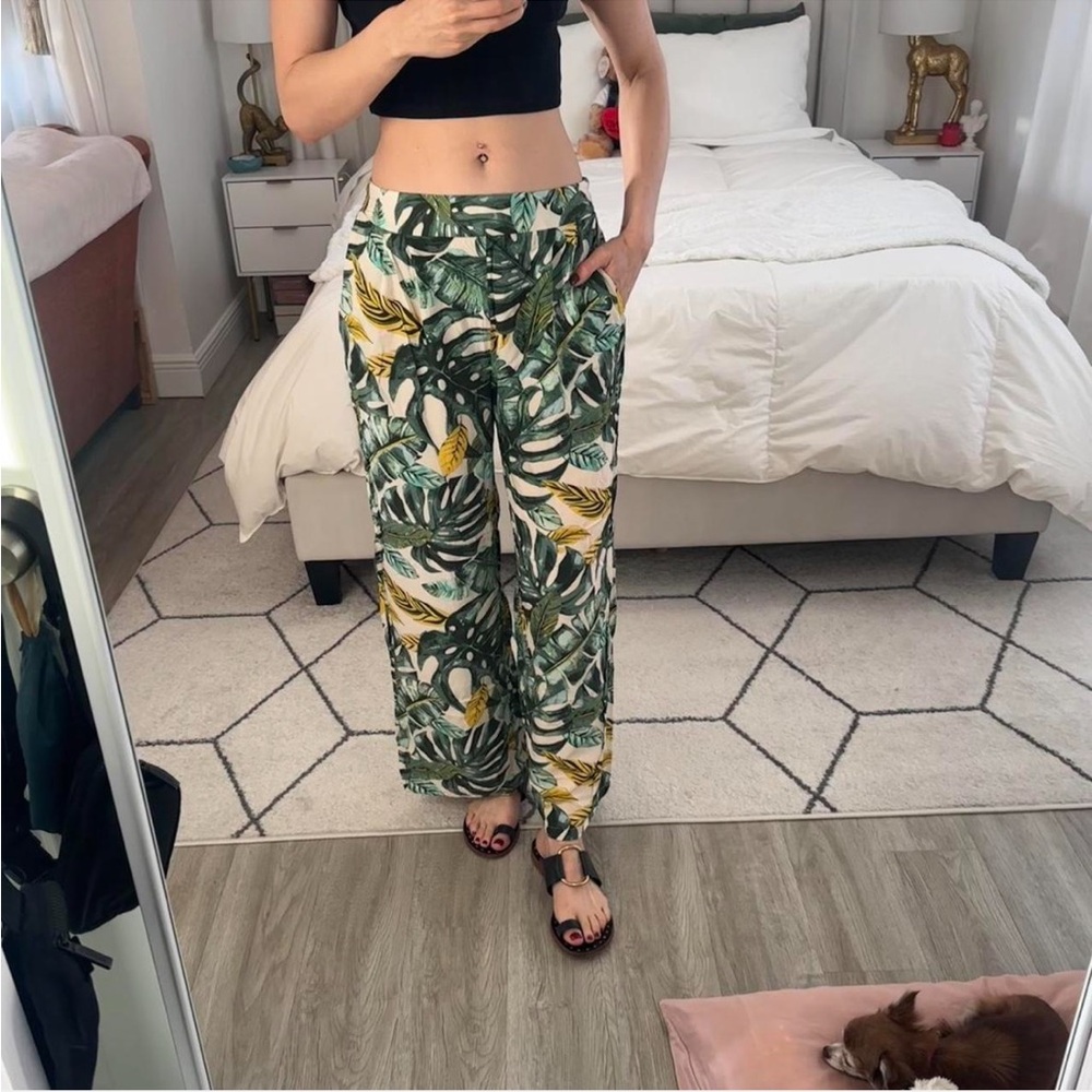 Sunburst Kiss Monstera Leaf Wide Leg Palazzo Pants, Size L